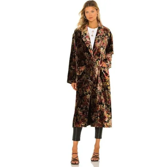 Free People Simone Velvet Long Maxi Duster in Black Rose Combo Size L NEW - Picture 2 of 9